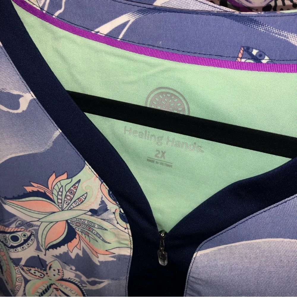 Healing Hands Purple Label Yoga Zip V-Neck blue butterfly pattern scrub top - Picture 10 of 10